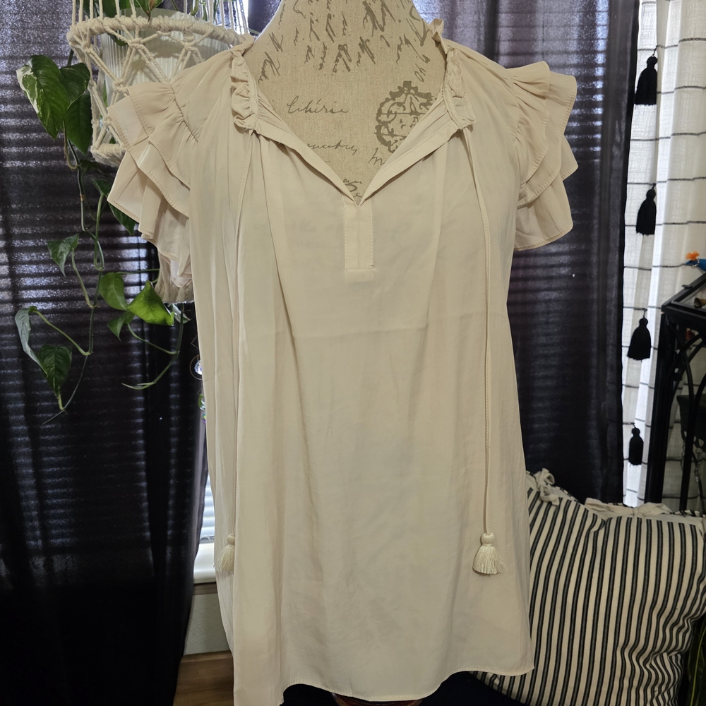 Rose & Olive Cream Ruffle Sleeve Silky Feminine Top